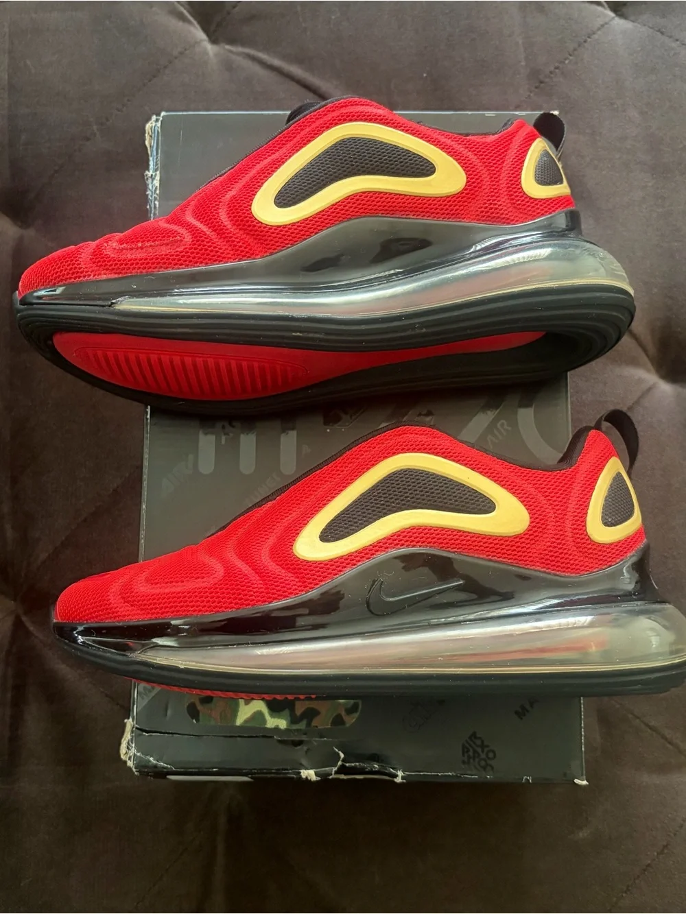 Nike Air Max 720 Red and Black Sneakers with Gold Accents
